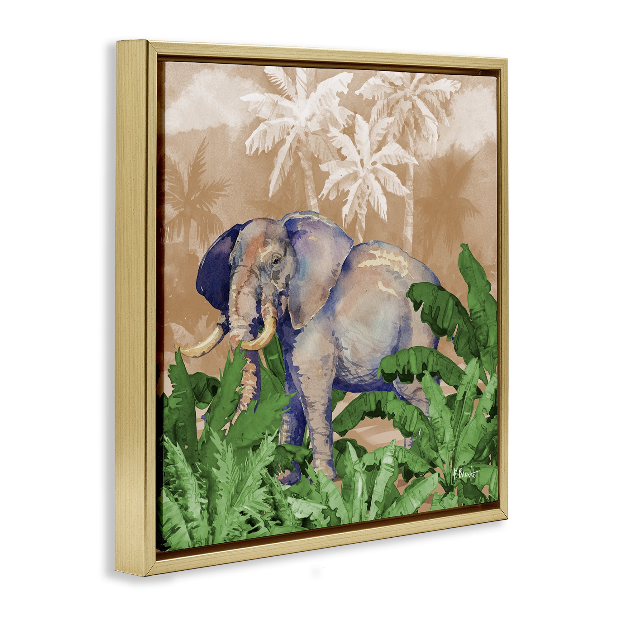 Stupell Industries Jungle Life Elephant Animals & Insects Painting Gold Floater Framed Canvas Art Print Wall Art, 25 x 25