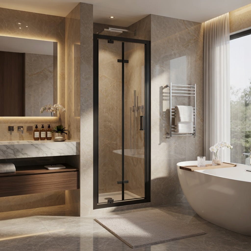 Hommoo Framed Bi-Fold Pivot Shower Door, Space-Saving Folding Enclosure with 6mm Tempered Glass, Stainless Steel Handle & Reversible Installation, Black & Transparent