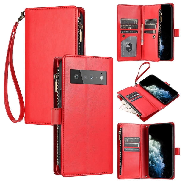 Funda tipo cartera de PU para Google Pixel 6 Pro con cordón, ranura para múltiples tarjetas, protección total, estilo retro, material PU+TPU