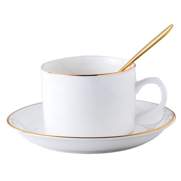 1 Set White Porcelain Coffee Cup Saucer and Spoon with Gold Inlay for Home