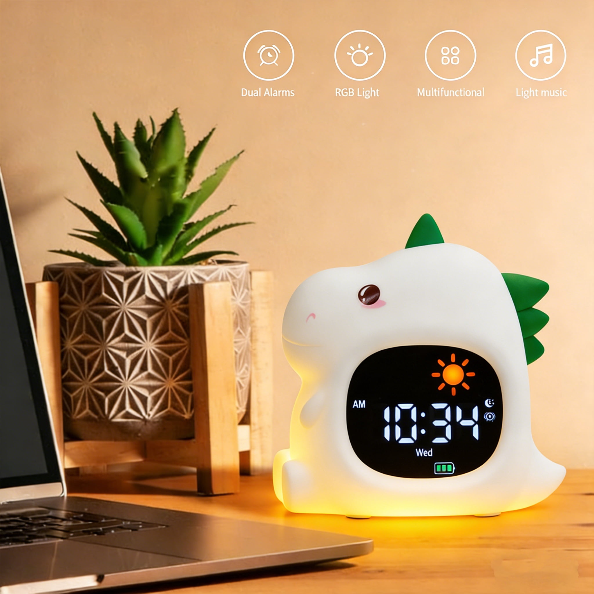 Dinosaur Children's Sleep Training Alarm Clock - Night Light with Wake Up Light, Sleep Sound, and Color Changing Emotion Light