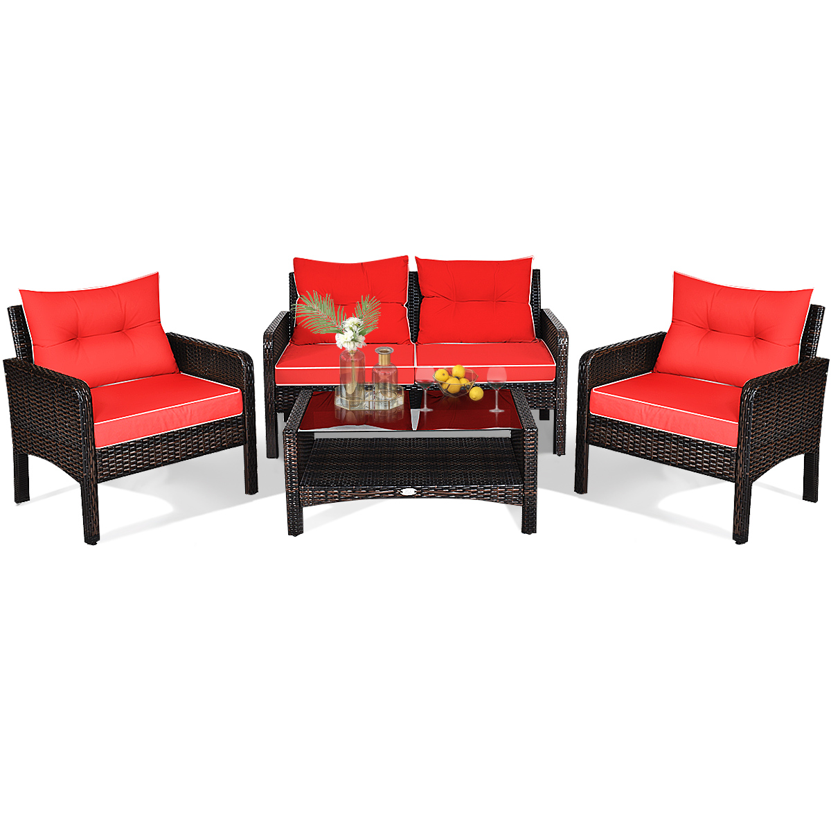 Gymax 4PCS Rattan Patio Conversation Set Red Cushioned Outdoor Furniture Set - image 4 of 9