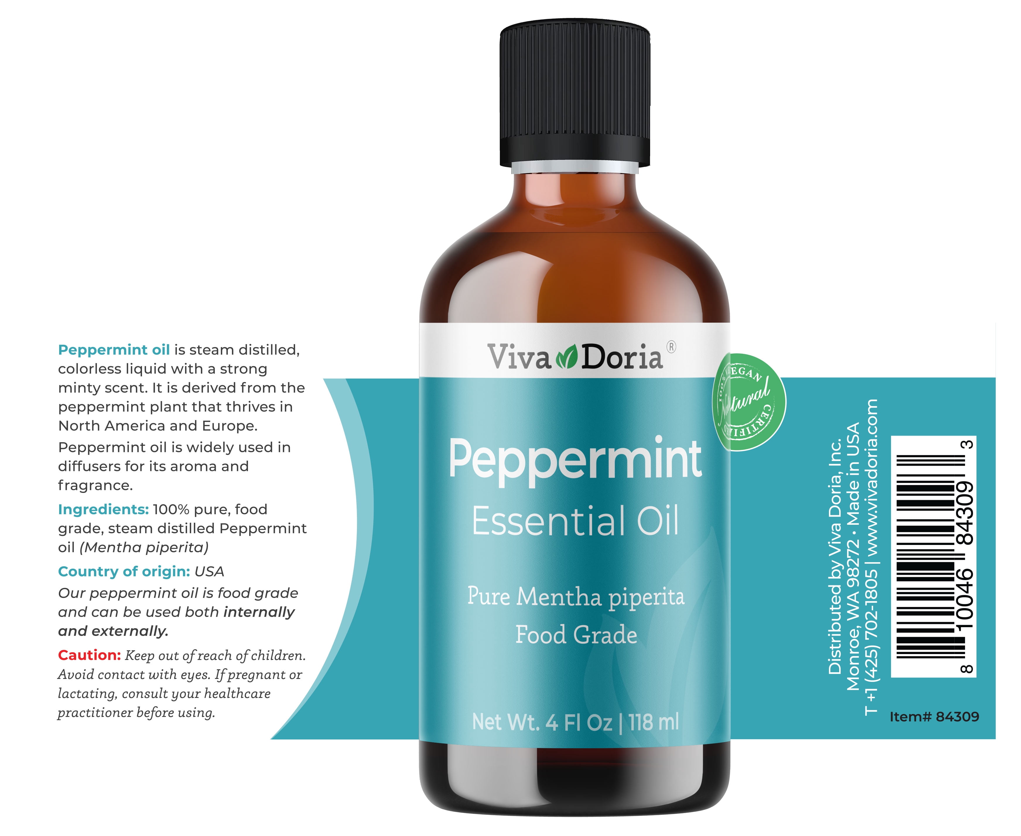 Viva Doria Peppermint Essential Oil, Undiluted, Food Grade, Made in USA, 4 Fl Oz