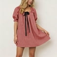 thumbnail image 4 of Heisall Women Gingham Short Dress Puff Sleeve Bow Tie Square Neck Plaid A-Line Babydoll Mini Dress, 4 of 7