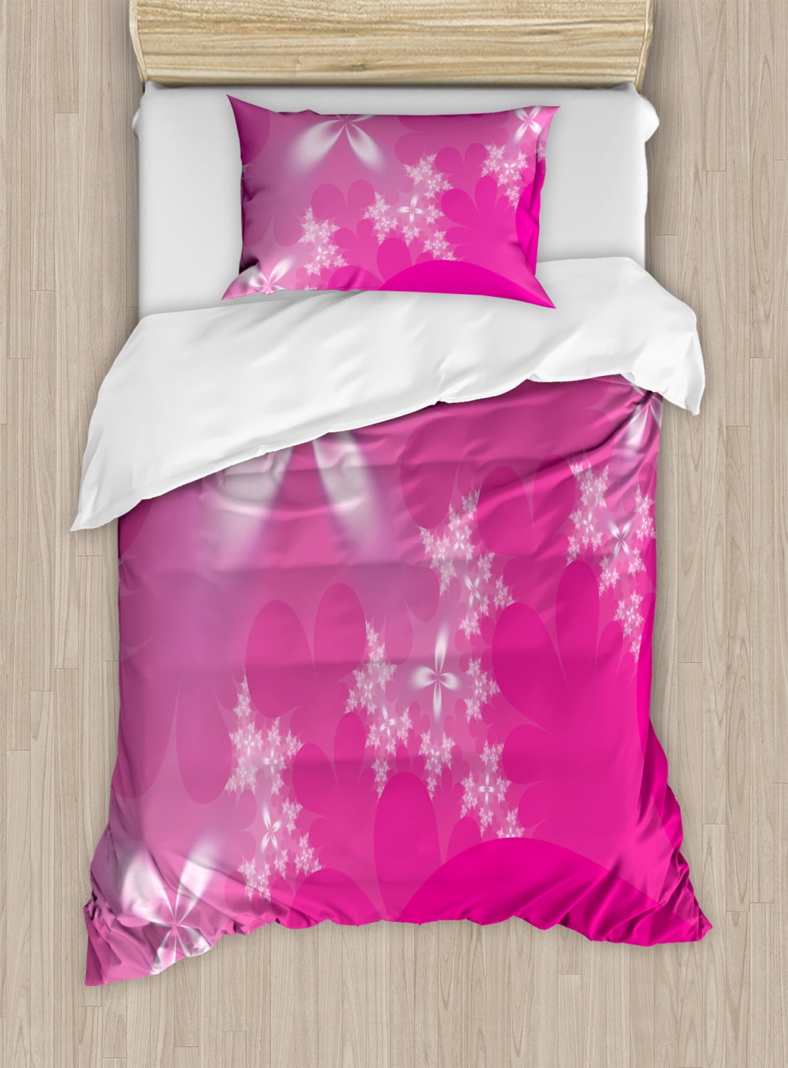Hot Pink Duvet Cover Set, Vibrant Floral Arrangement on an Abstract Hot