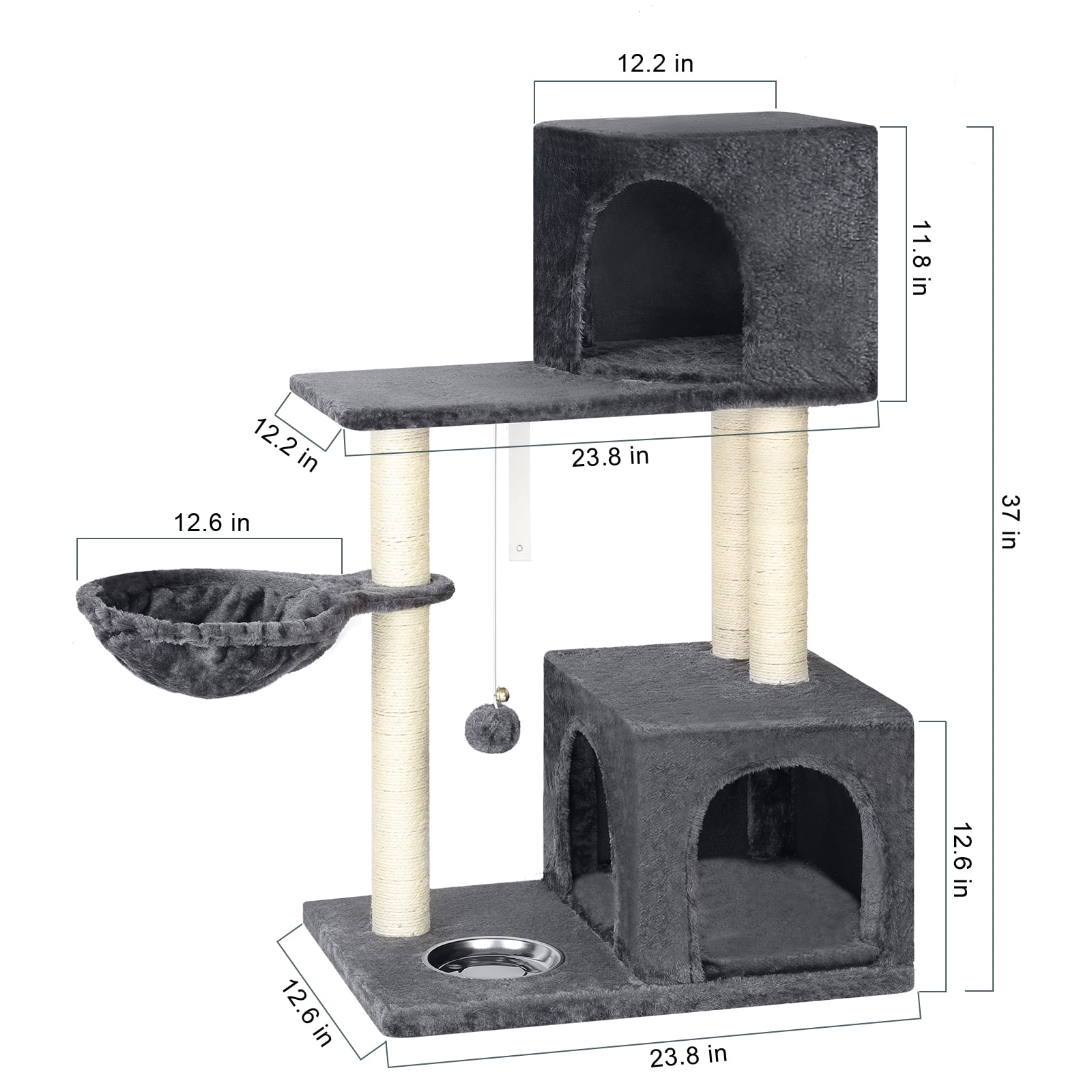 OYEAL 37'' Multi-Level Cat Tree Indoor, Multi Level Play Tower with Scratching Posts, Fur Ball & Feeding Bowl for Climbing & Resting (Grey)
