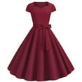 thumbnail image 2 of Fesfesfes Women Dress Square Neck Retro Short Sleeve Solid Color Bow Belt Swing Dress Dress or, 2 of 6