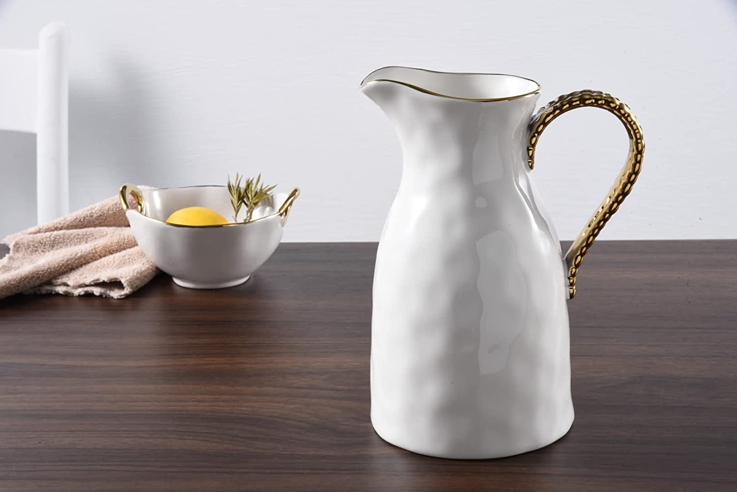 Pampa Bay Golden Salerno Titanium-Plated Porcelain Water Pitcher, 8.25 x 6.25 x 4.75 in, White and Gold