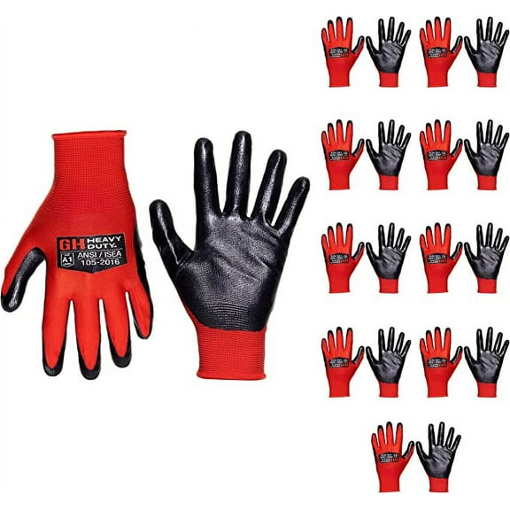 GH Heavy Duty Nitrile Reusable Work Gloves, All Purpose Working Gloves with Cut Resistant Palm, Smooth Nitrile Dip Gloves (10-Pair) X-Large