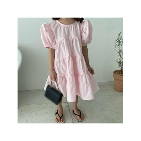 

Summer Girl s Sweet Solid Color Puffy Pleated Skirt With Puff Sleeves