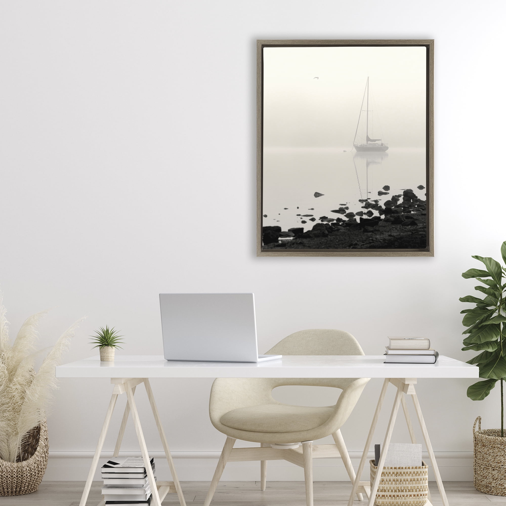 Stupell Industries Moored In Fog Brown Framed Floater Canvas Wall Art, design by Nicholas Bell