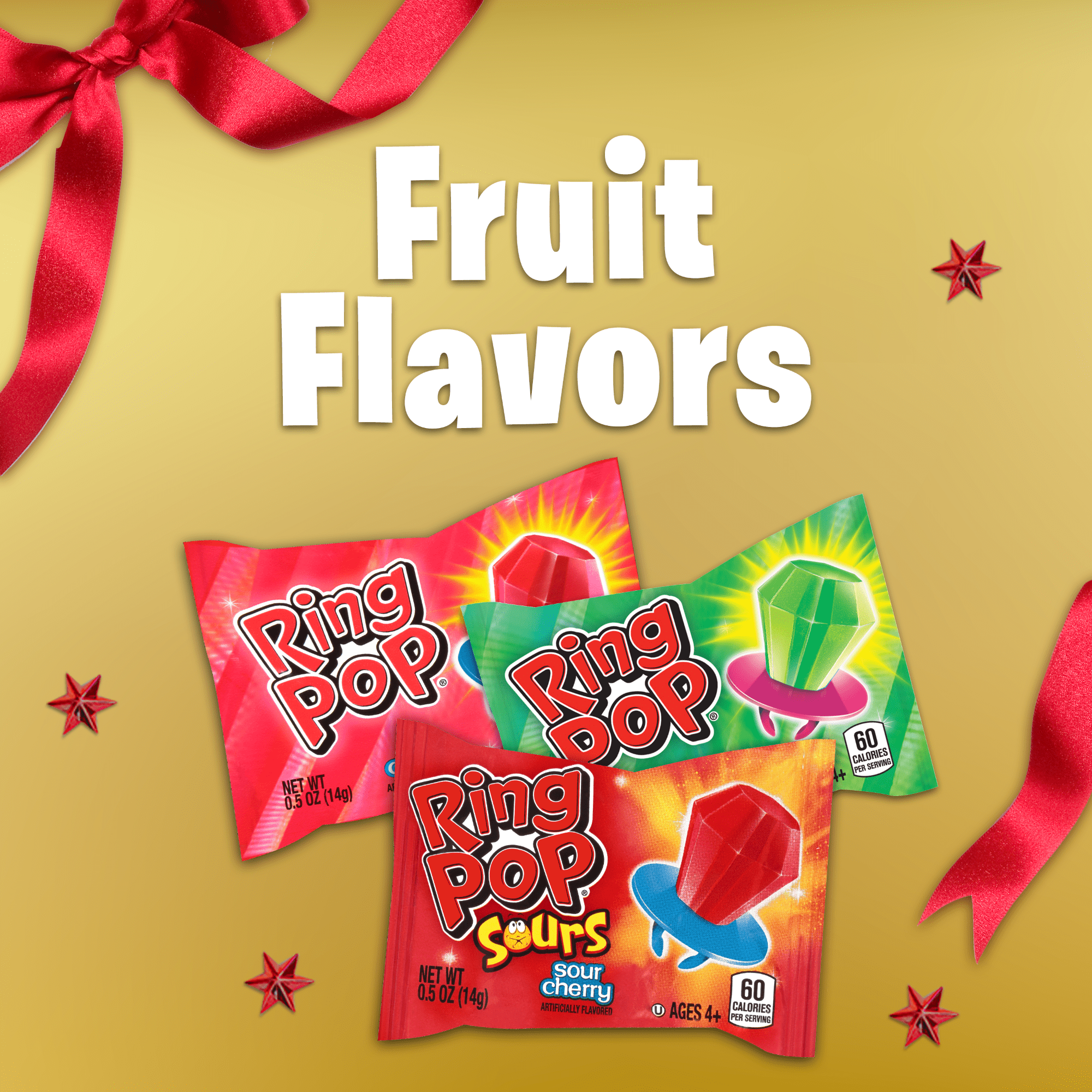 (3 pack) Ring Pop, Holiday Lollipops, Sour Cherry, Watermelon, and Cherry Flavored , Sucker Candy, 1.0 oz, Bag