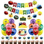 Sesame Street Birthday Party Supplies, 60Pcs Sesame Theme Party Decorations Includes Birthday Banner, Elmo Friends Garland, Elmo Cookie Monster Cake Cupcake Toppers, 32 Latex Balloons for Kids Bo