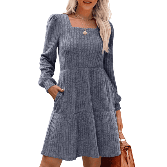 Fantaslook Fall Dresses for Women Square Neck Long Sleeve Dresses Casual Babydoll Sweater Dress