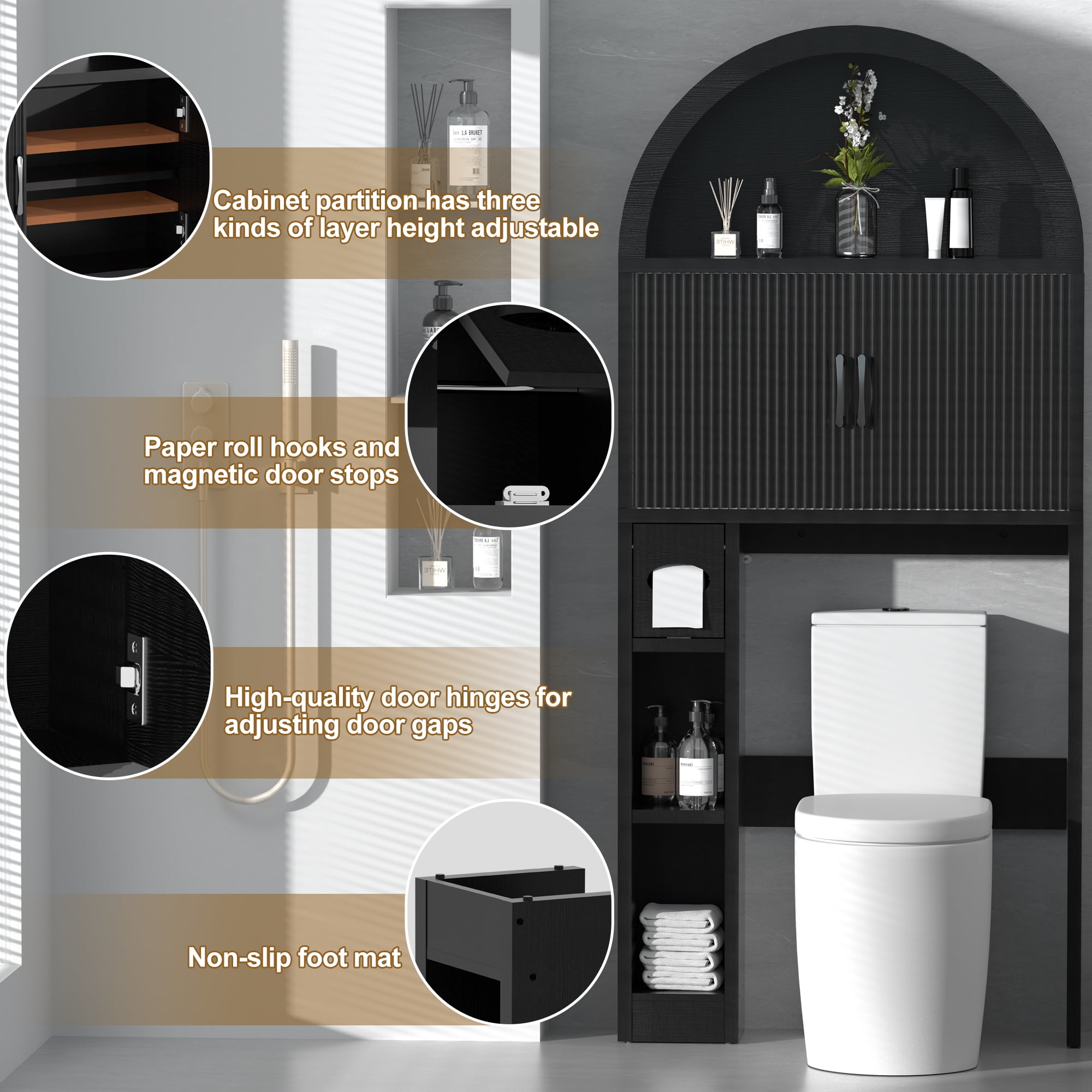 HARIPUL Over The Toilet Storage Cabinet w/ Unique Wood Grain & Arc Design, Freestanding Bathroom Shelf Organizer Space Saver w/ Doors & Anti-Tip Device, Black