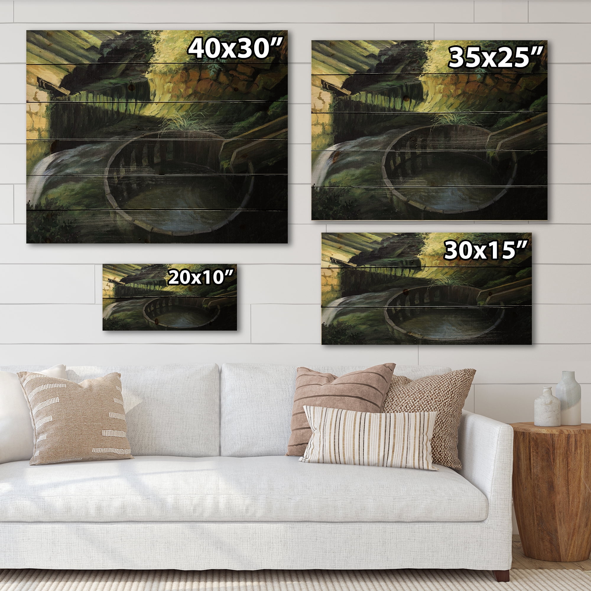 Designart 'Old Watermill In Green Nature Landscape' Lake House Print on Natural Pine Wood