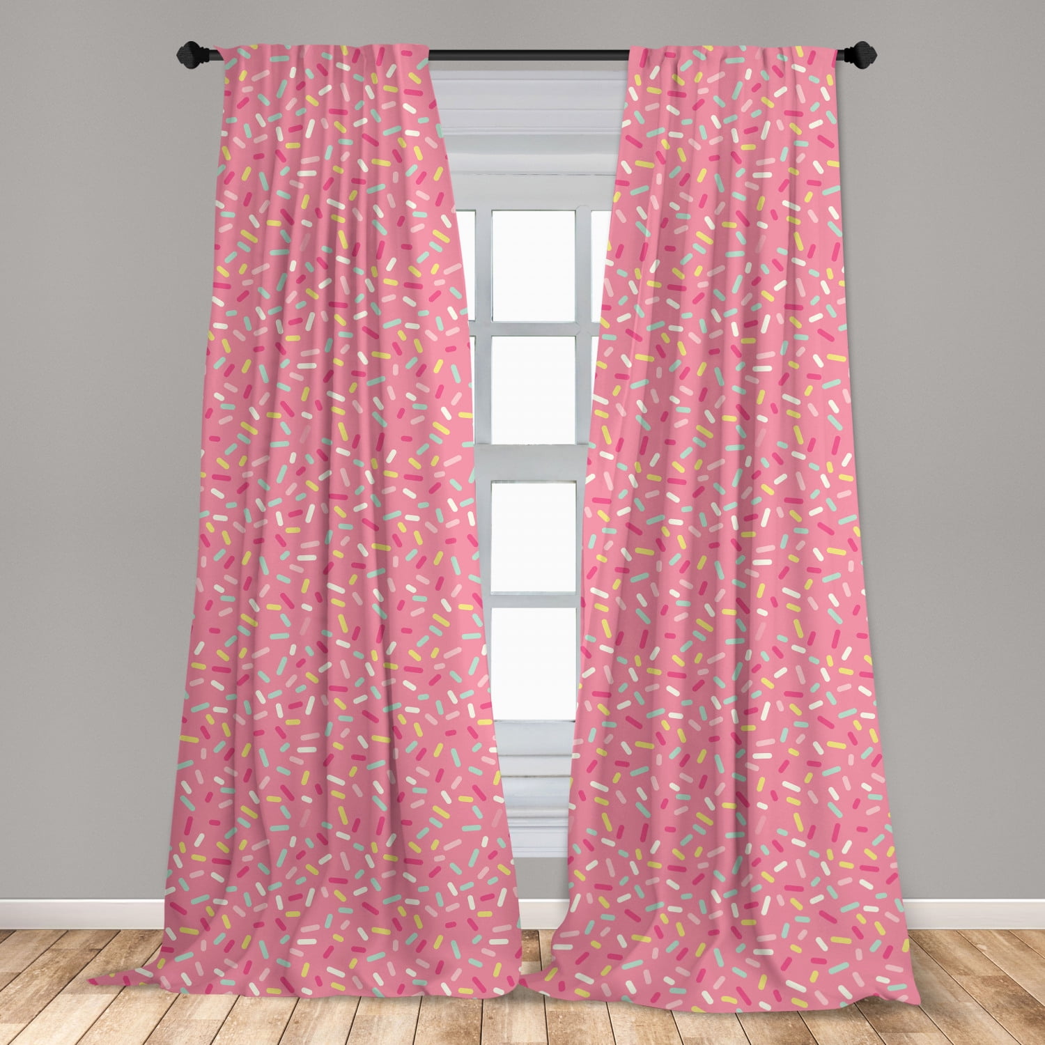 Pink and White Curtains 2 Panels Set, Abstract Pattern of Colorful Donut Sprinkles Tasty Food