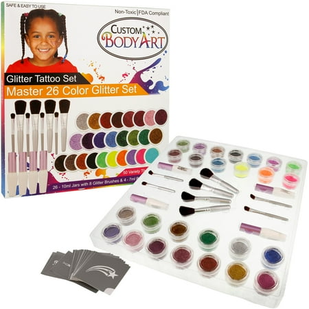 Custom Body Art - Master 26 Color Glitter Tattoo Set Kit 50 Stencil Designs Glue