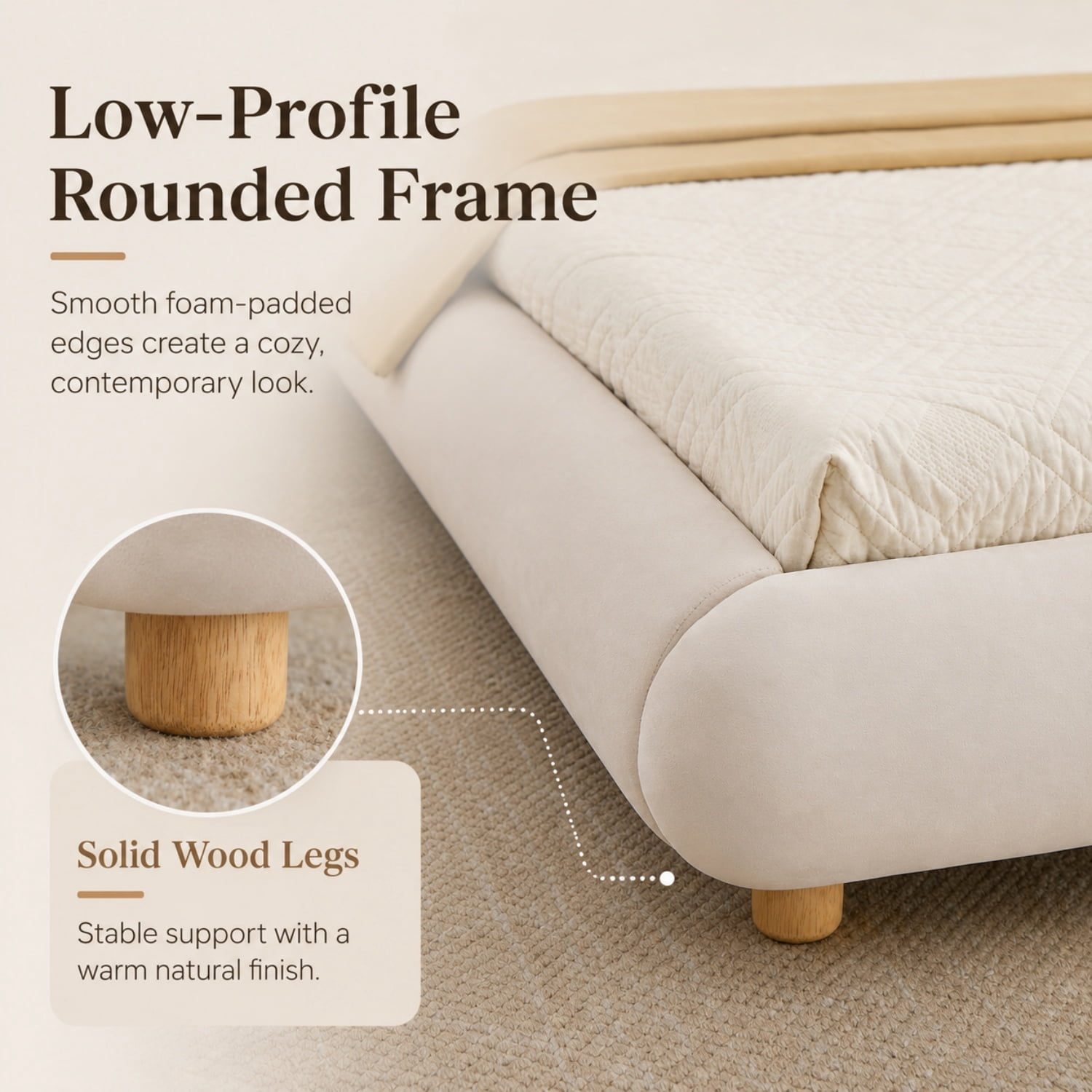 Miniyam King Size Velvet Upholstered Bed Frame with Curved Headboard, Platform Bed with Wood Slats, No Box Spring Needed, Beige