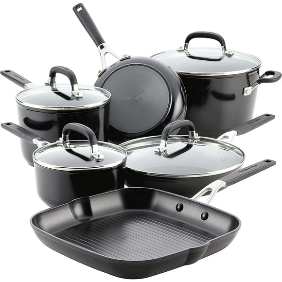 KitchenAid Juego de ollas y sartenes antiadherentes anodizadas duras, 10 piezas, color negro ónix