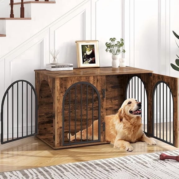 Hzuaneri Dog Crate Furniture, 39.4" Wooden Dog Kennel with Cushion, Indoor Dog Cage for Medium to Large Dog, Decorative Pet House Side End Table TV Stand, Heavy Duty, Rustic Brown