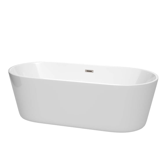 Carissa 71 Inch Freestanding Bathtub in White with Brushed Nickel Drain and Overflow Trim