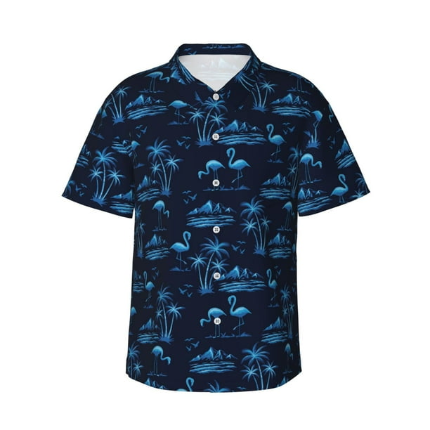 Fotbe BLUE Flamingo Birds Camisa Hawaiana para Hombre Unisex – Camisa Casual de Verano con Botones de Manga Corta de Algodón y Lino,Medium