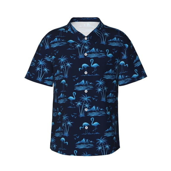 Teaboi BLUE Flamingo Birds for Men's Short Sleeve Hawaiian Shirt, Button Down Shirt for Beach Vacation,Small