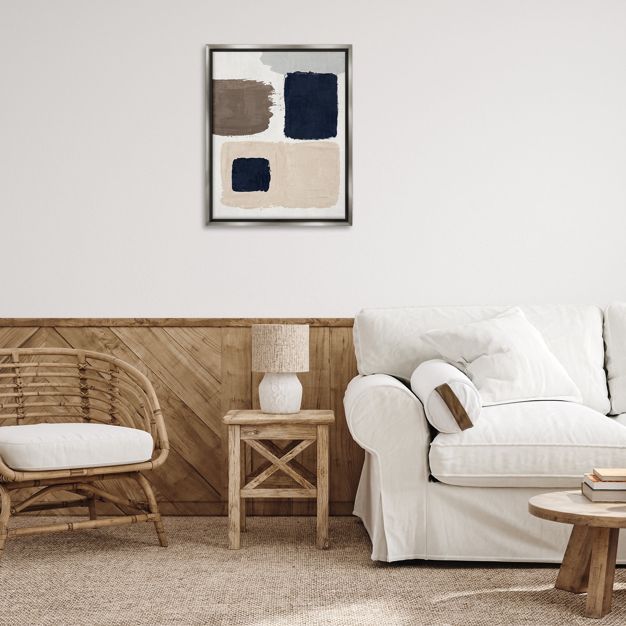 Stupell Industries Neutral Blocked Shapes Abstract Painting Gray Floater Framed Canvas Art Print Wall Art, 25 x 31