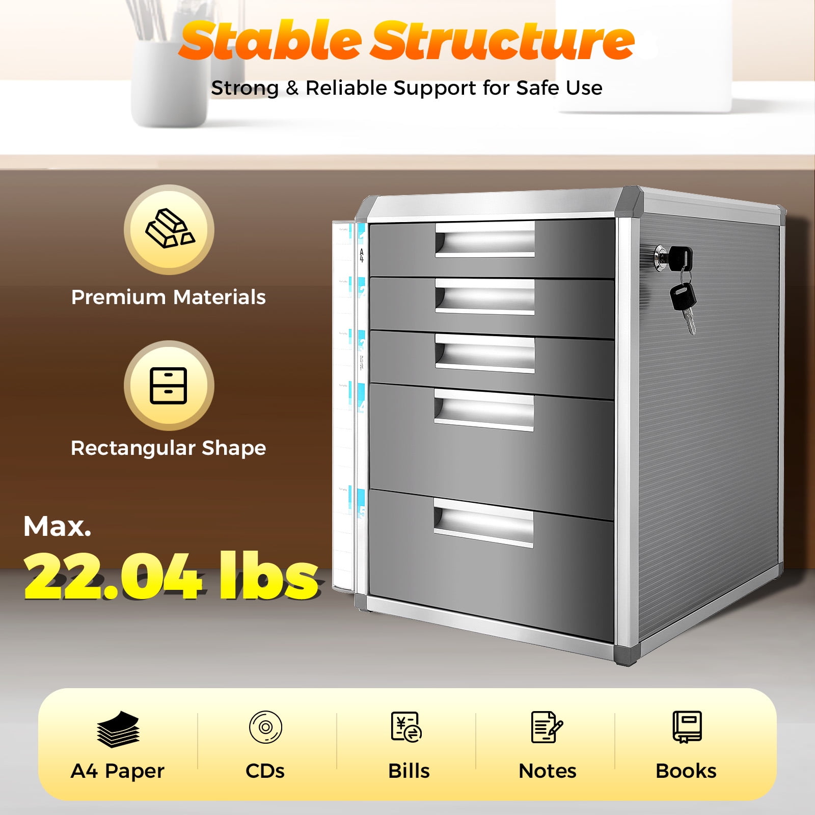 File Cabinet, 5 Tier Lateral Filing Cabinet Desktop Organizer with Lock, Fully Assembled Desktop File Sorter Mail Center Paper Storage for Homes, Offices, Schools (5 Drawers)