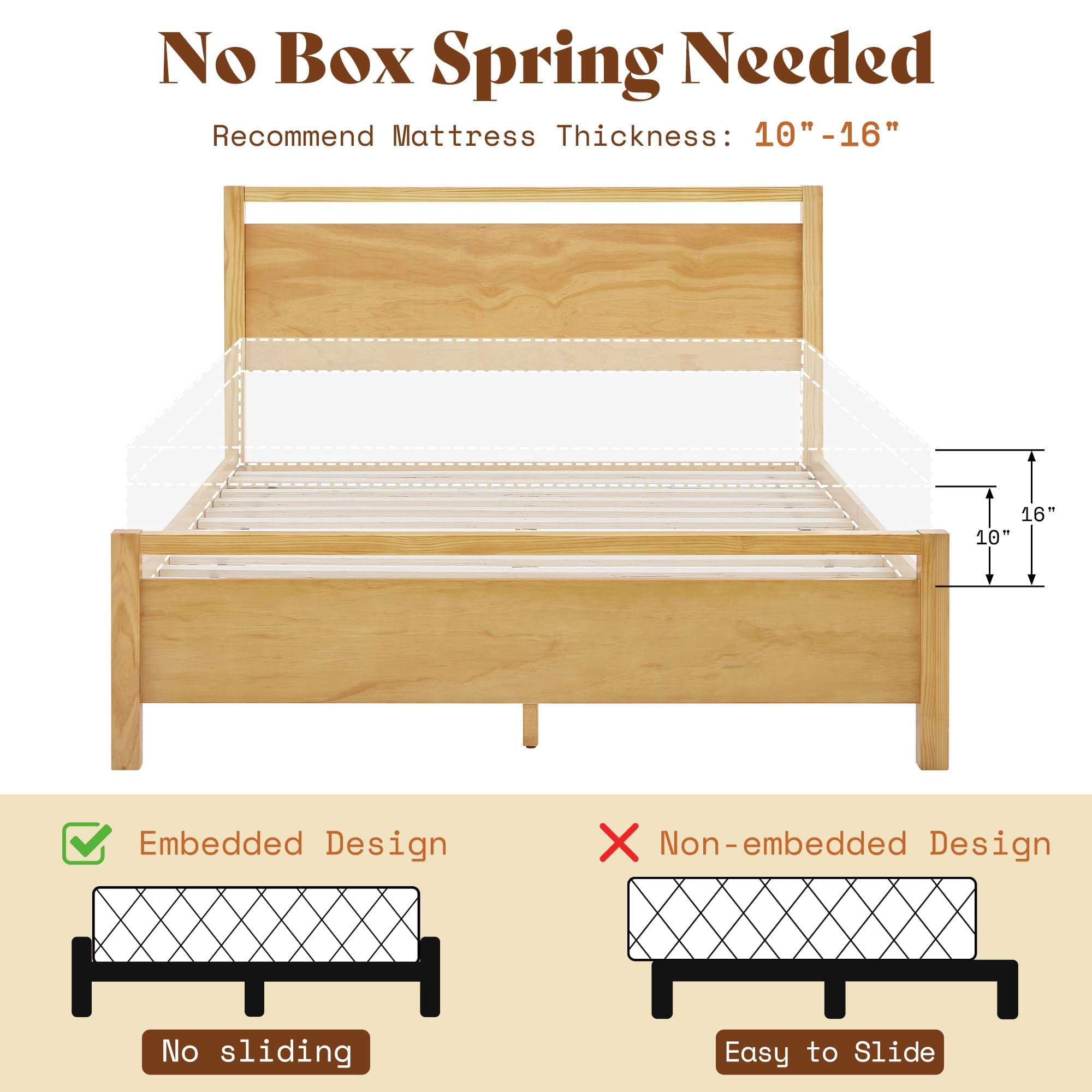 Papajet Queen Size Solid Wood Bed Frame with Headboard, Minimalist Platform Bed with Wood Slats Support, Easy Assembly, Noise-Free, Natural