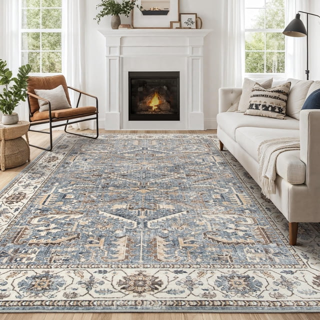 Alfombra ZUNTKON, lavable, suave, vintage, 160 x 230 cm, azul multicolor
