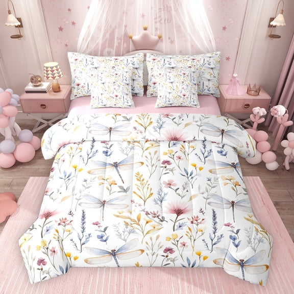 Erosebridal Spring Garden Flower Twin Bedding Sets, Girls Floral Dragonfly Bedding Comforter Set, Pink Reversible, 7-Piece