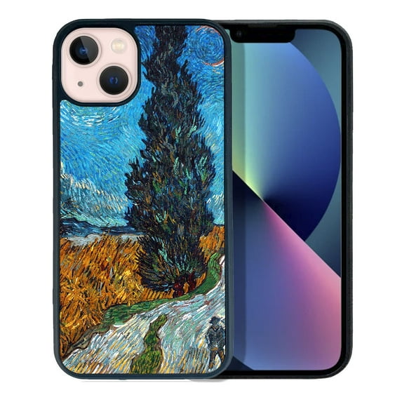 FINCIBO Soft Rubber Protector Cover Case for Apple iPhone 13 6.1" 2021 (NOT FIT Apple iPhone 13 mini 5.4" 2021/iPhone 13 Pro 6.1" 2021/iPhone 13 Pro Max 6.7" 2021), Road With Cypress And Star