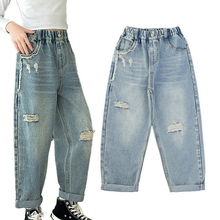 

FJUCHAI Girls Straight Denim Pants for Kids: 5-15Y Youth Spring Fall Narrow Jeans Toddler Versatile Casual Hole Jeans