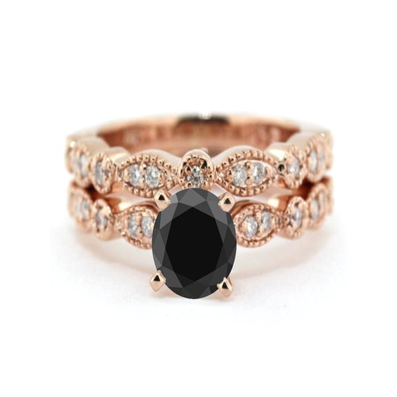 2.00 carat Round Cut Black Diamond & White Diamond Halo Bridal Set in 10k Rose Gold