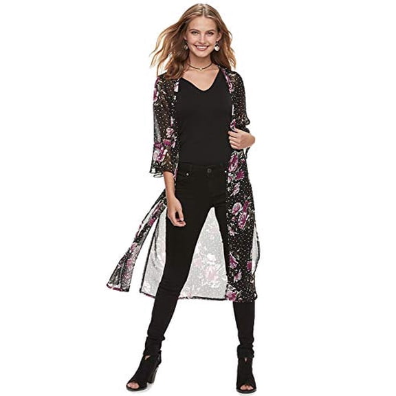 Juniors' Crave Fame Polka-Dot & Floral Bell Sleeve Kimono Purple L