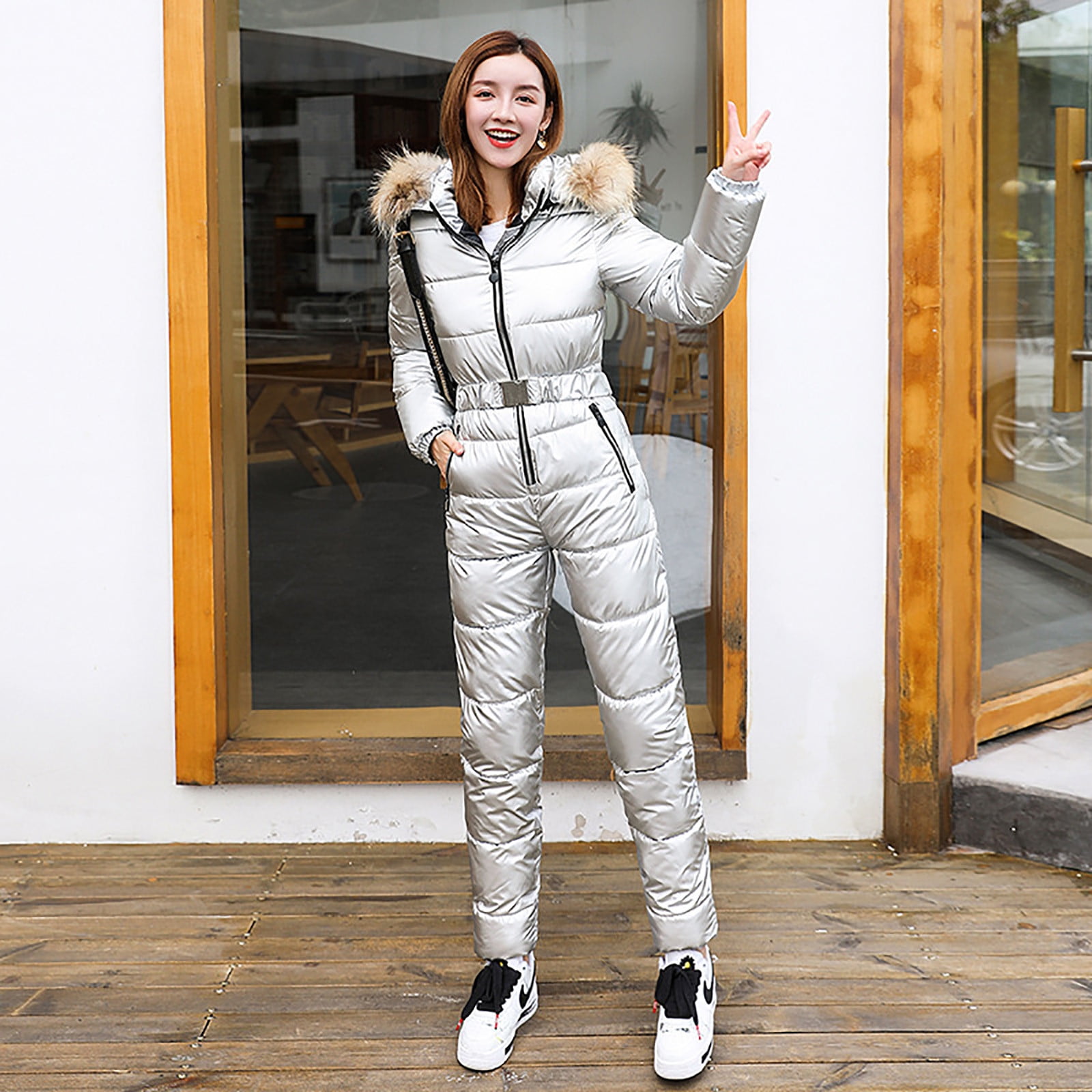Women Pants Clearance Sale Woman Winter Outdoor Snow Sports Jumpsuit Collar Coat Trends Slim Fit Windproof Hooded Snowsuit Silver L