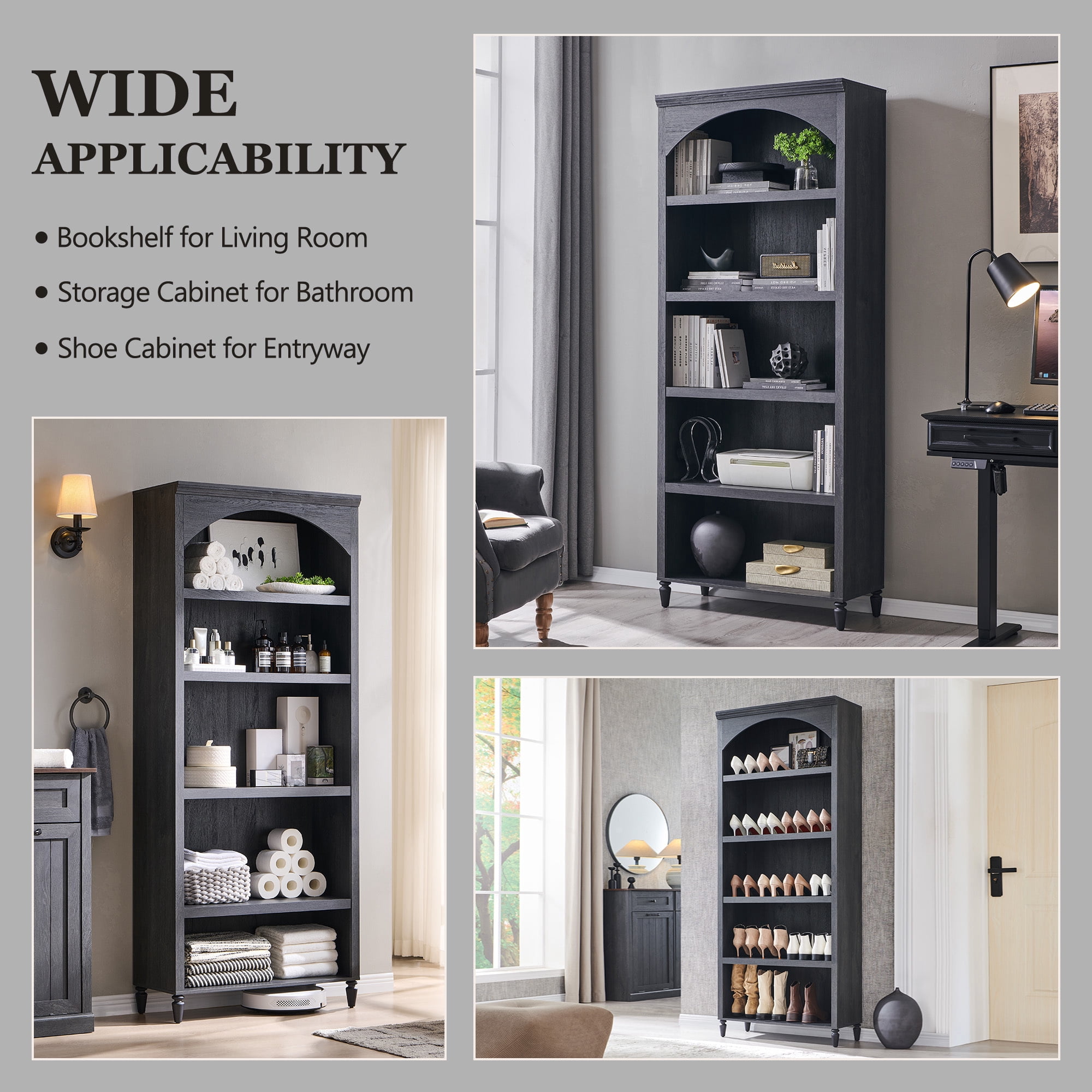 SinCiDo Tall Arched Bookcase, 5-Tier Large Bookshelf with Open Display Shelves for Living Room, Grey