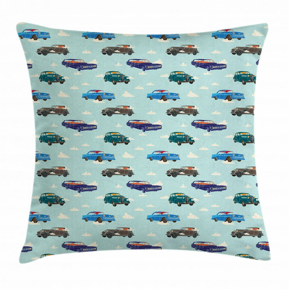Cars Throw Pillow Cushion Cover, Absurd Design with Vintage Cars in the Air with Clouds Old
