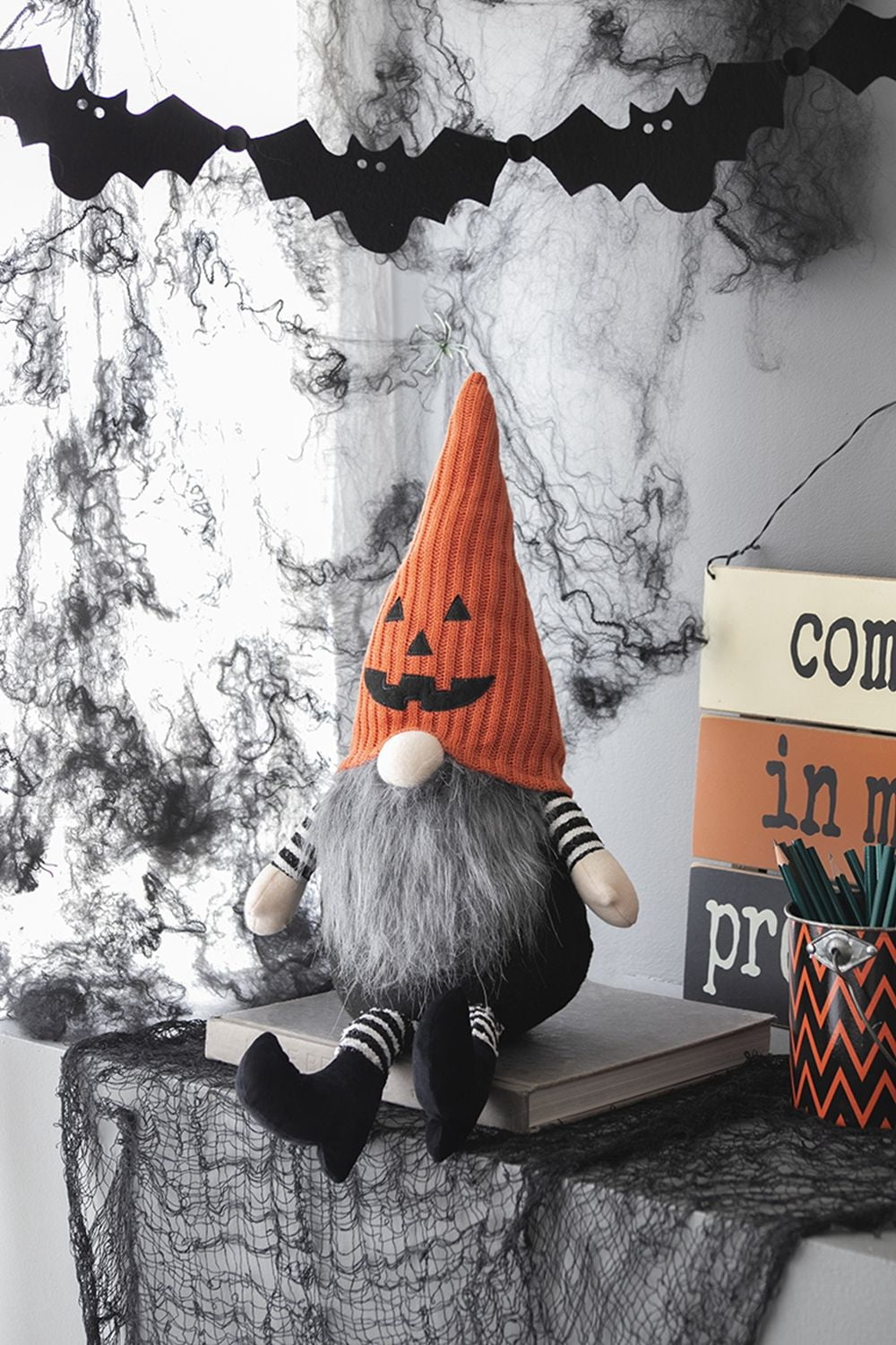 8.3x4.7x23.5" Fabric Sitting Gnome with Orange Knit Hat for Halloween Decor