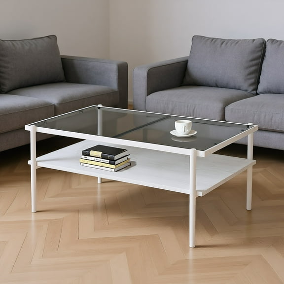 Rectangle Coffee Table with Gray Tempered Glass Top, MDF Shelf & White Legs, Modern Table for Living Room