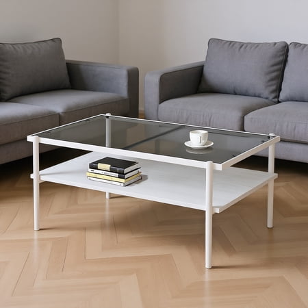 Rectangle Coffee Table with Gray Tempered Glass Top MDF Shelf & White Legs Modern Table for Living Room