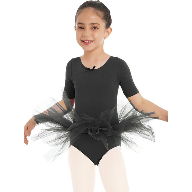 iiniim Filles Enfants Robe Tutu de Danse Ballet à Manches Courtes Justaucorps Tenue de Ballerine Danse Moderne Costume Noir TTG
