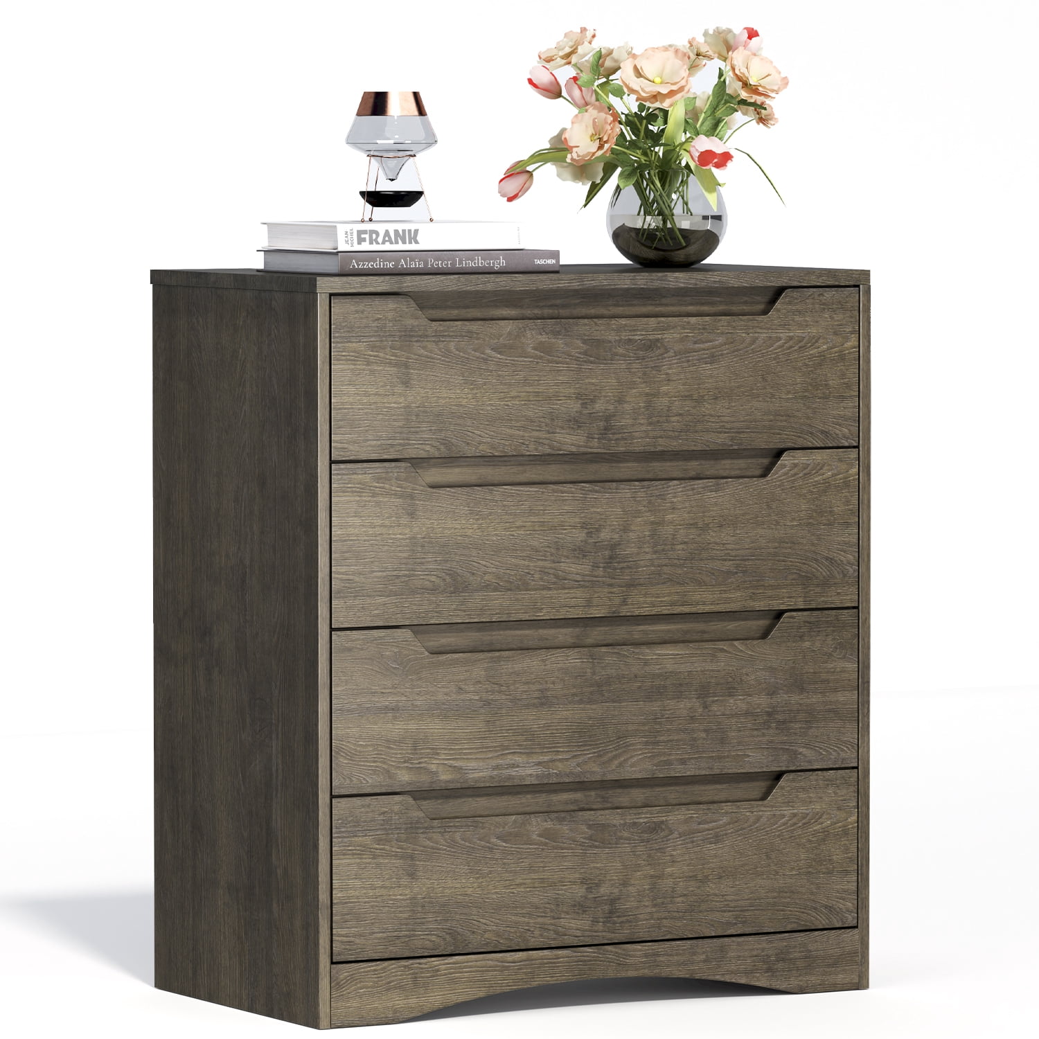Aiho Dresser with 4 Drawers, Wood Tall Chest, Built-in Handle Drawers for Bedroom, Home, Living Room - Dark Grey