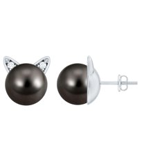 Rosec Jewels Cute Cat Stud Earrings for Mom, Tahitian Pearl Earrings with Moissanite - 10 mm, 925 Sterling Silver