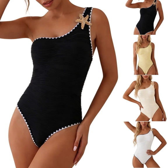 Miluxas One Shoulder One Piece Swimsuit for Women Ribbed Scalloped Bathing Suit Cutout 1 Piece Slimming Full Coverage Swim Suit Yellow