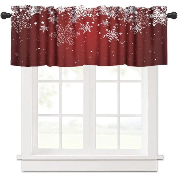 Winter Valance Curtains Christmas White Snowflakes Vintage Red Aesthetic Art Printed Rod Pocket Curtain Valance for Kitchen Bedroom Living Room Decor 1 Panel W54xL18 Inch
