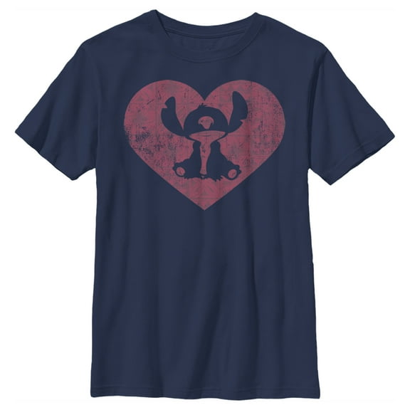 Boy's Lilo & Stitch Valentine's Day Heart Distressed  Graphic Tee Navy Blue Medium
