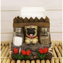 Panting Pug Dog By Fences & Flower Bed Dinner Napkin Salt Pepper Shakers Holder